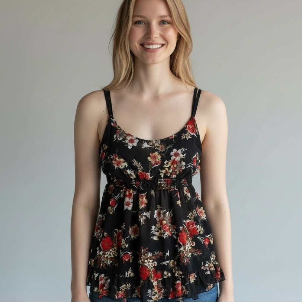 Poetry Clothing Womens Dark Floral Babydoll Ruffle Tank Top Size L Fairy‎ Grunge